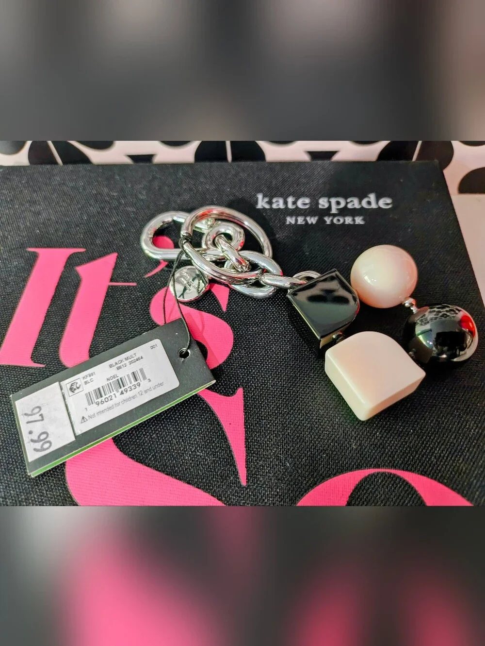 kate spade Noel Black and Cream Resin Bead Bag Charm / Key Fob